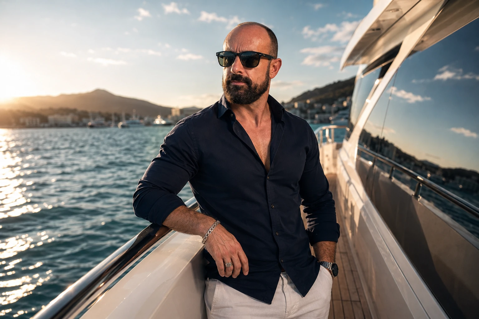 Roberto aboard a yacht at golden hour