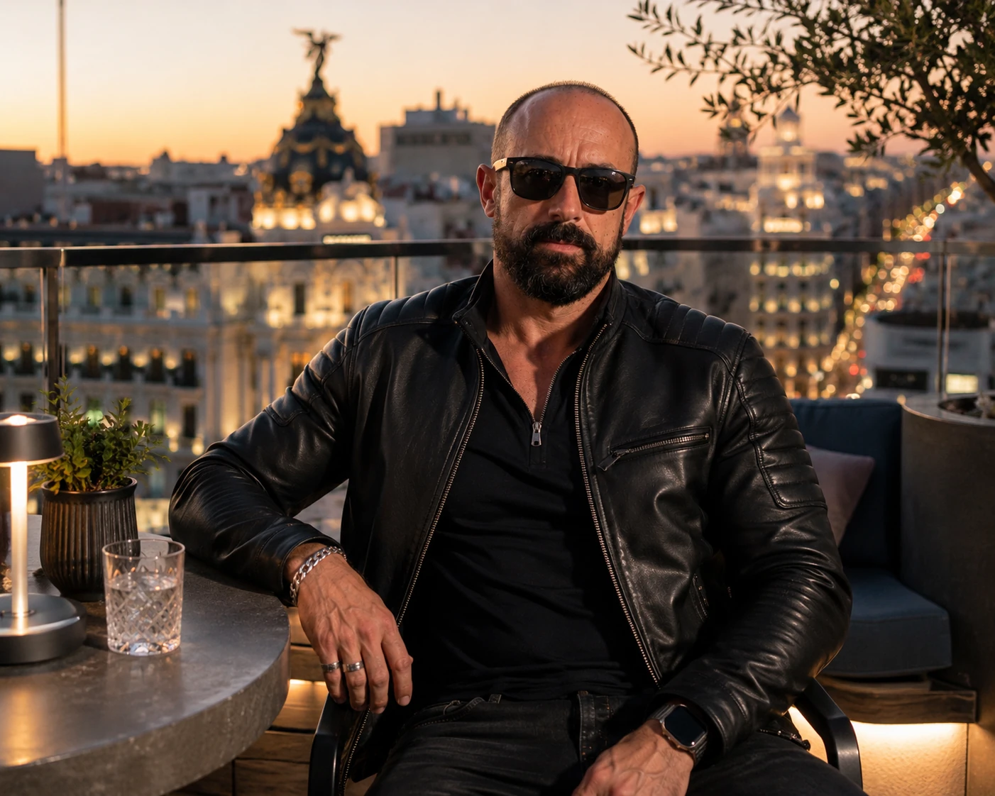 Roberto on a city rooftop at dusk