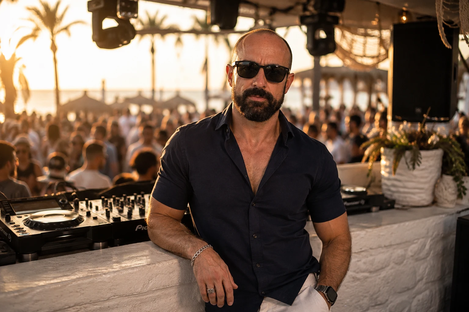 Roberto beside a DJ booth at sunset